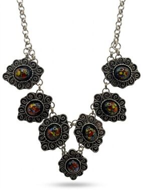 Vintage Silver Tone Filigree Confetti Glass Statement Bib Necklace